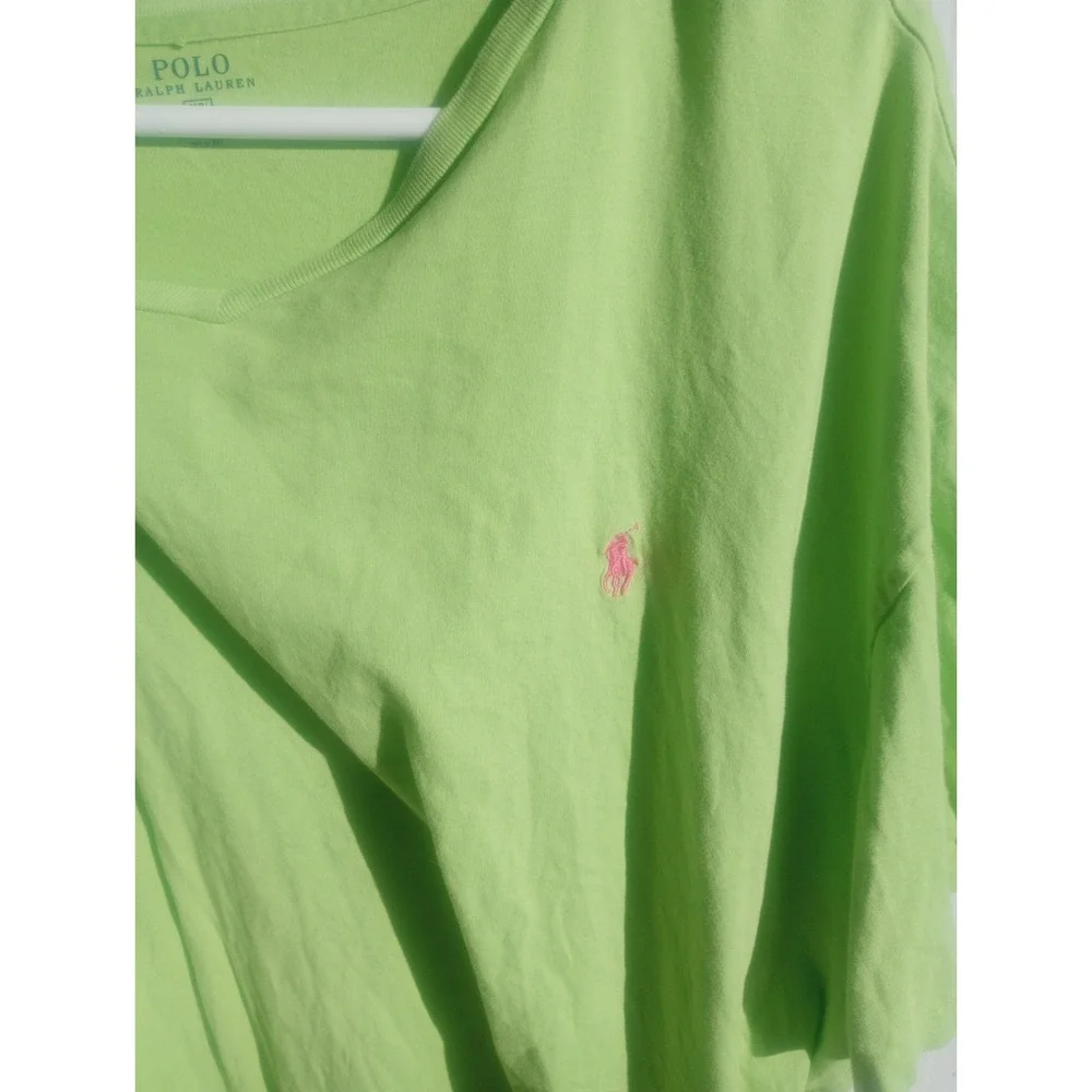 Polo Ralph Lauren‎ V Neck T Shirt Lime Green 2x Big Pink Logo